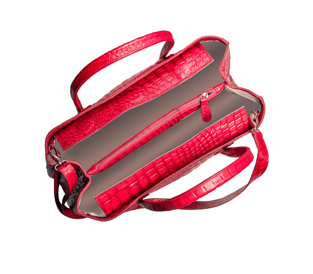 Red Crossbody bag. Handcrafted in crocodile embossed Turkish leather, protective feet, with leather trimmed internal pockets.
