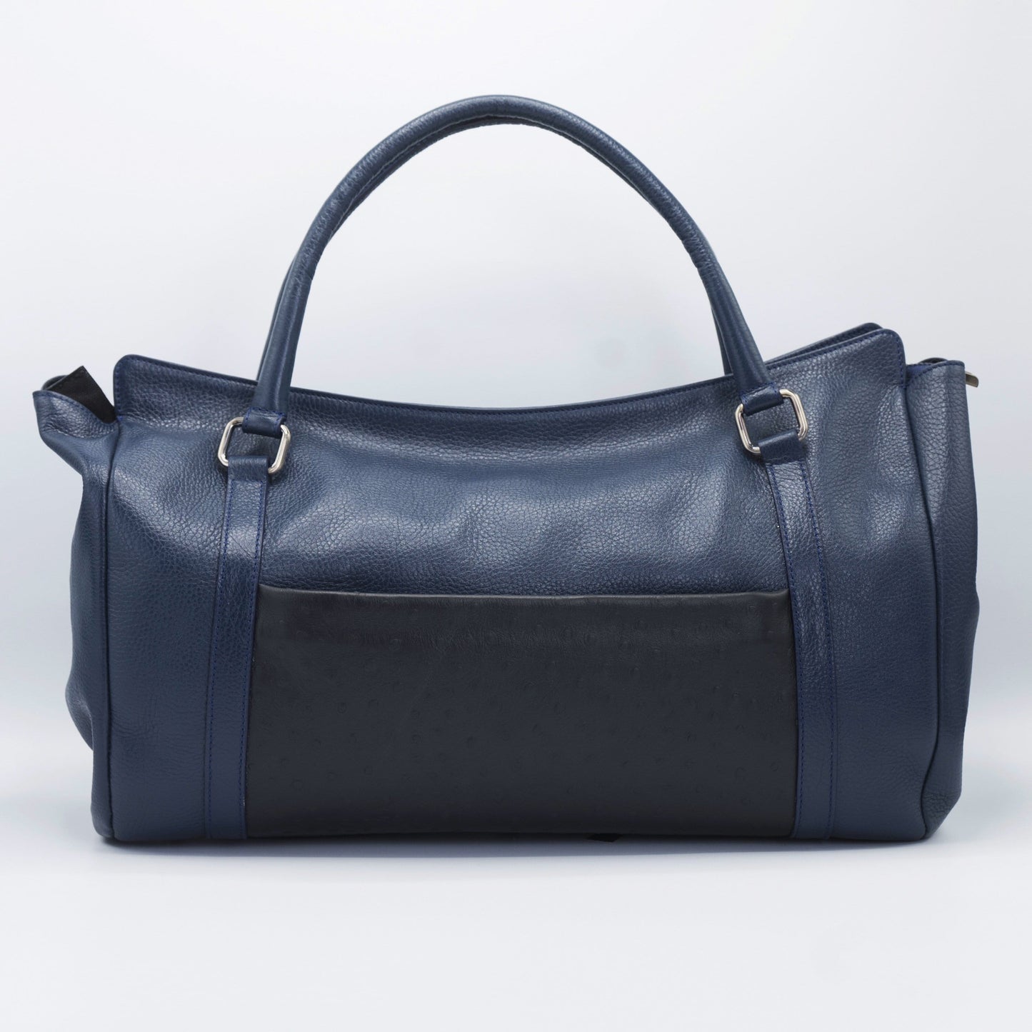 Navy and Black Leather bag, with Ostrich external pocket.