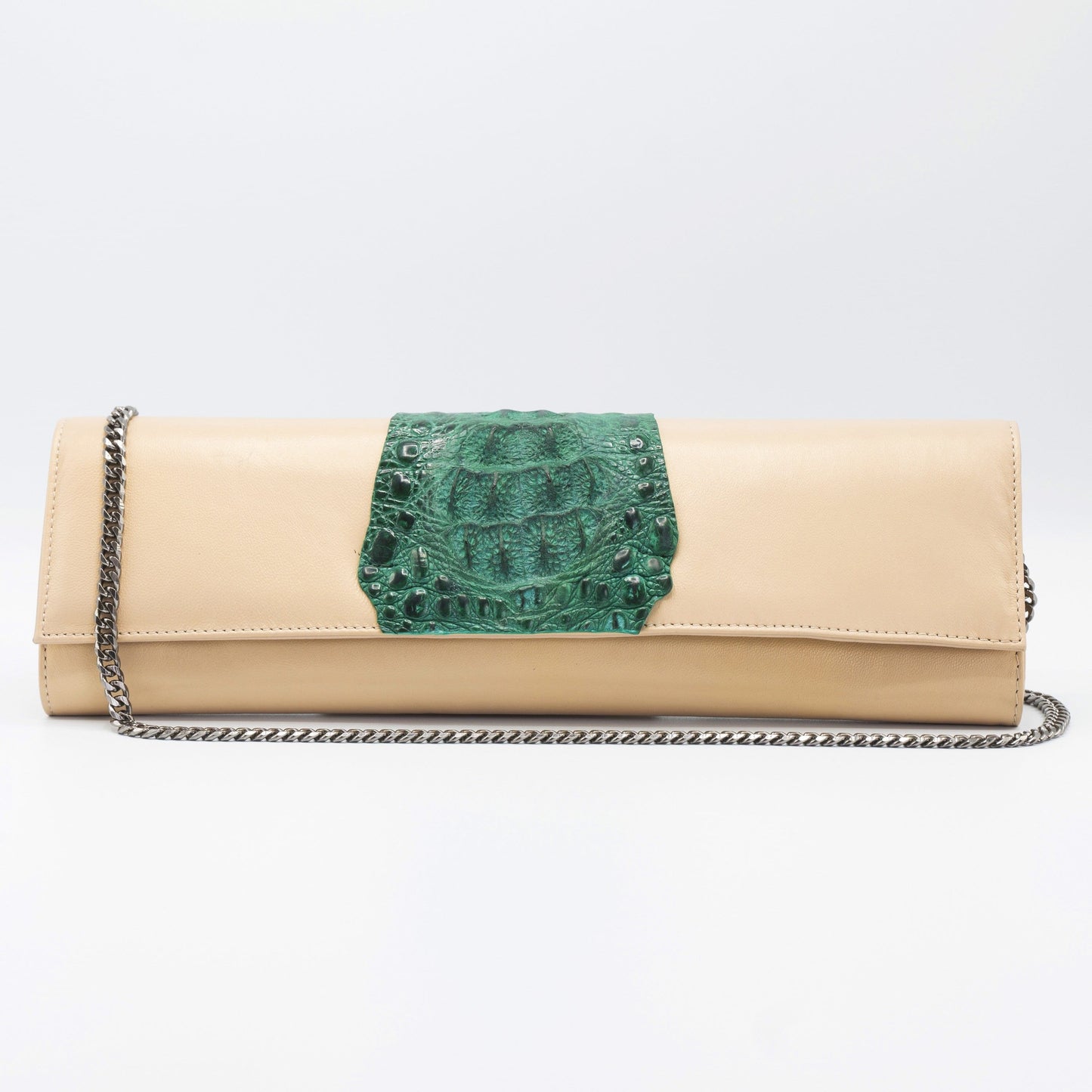 Oyster and green clutch. Kate Crocodile and leather clutch. Sexy curves, sleek lines, soft materials, with bold color pallet make this an unforgettable masterpiece. Free shipping.