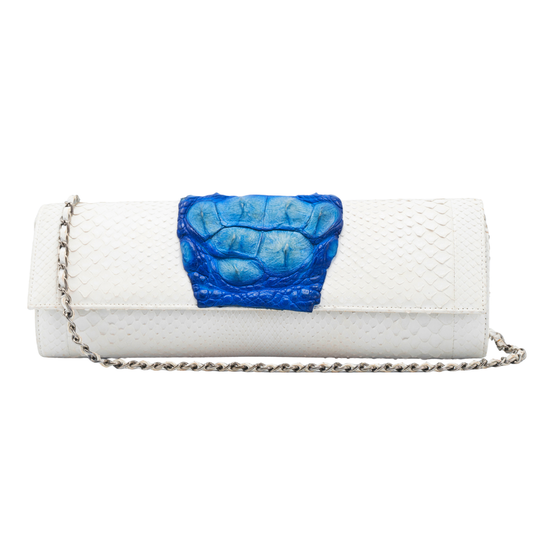White clutch bag with blue textured flap on a white background
