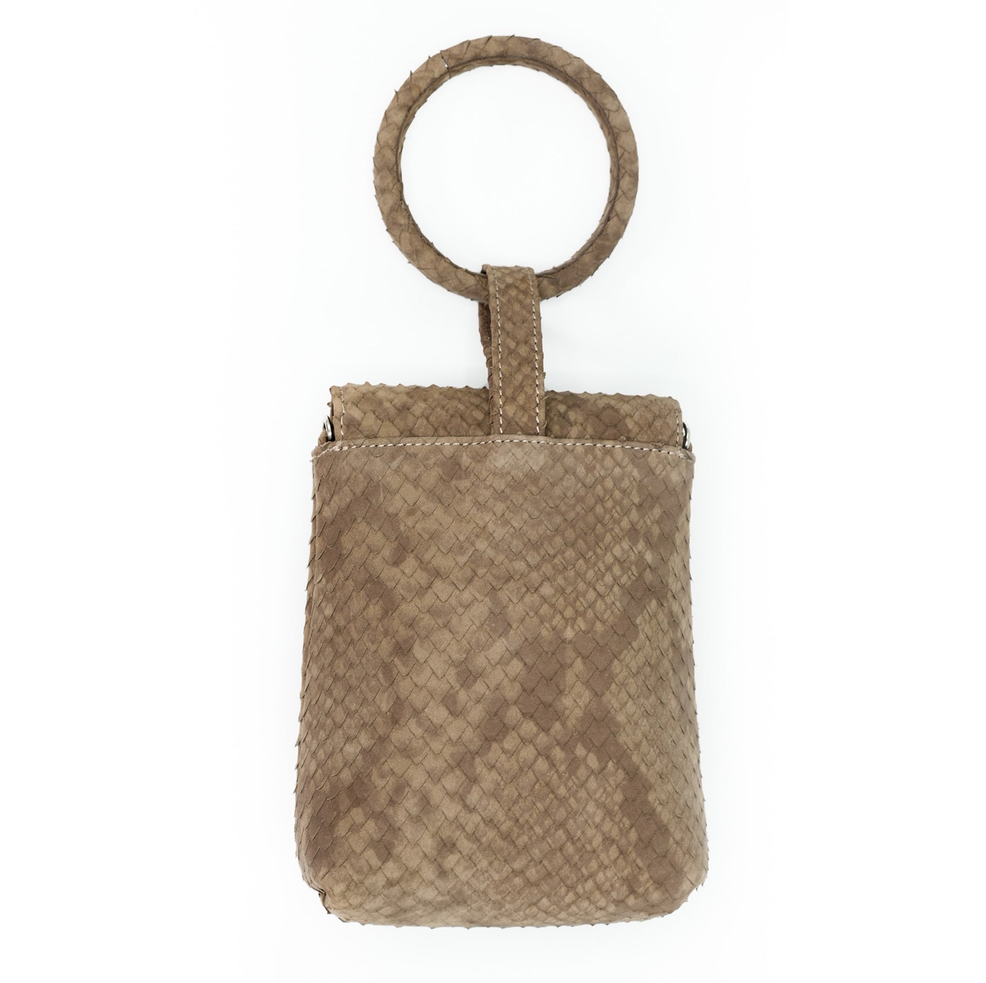 Full-grain smooth Italian lamb leather belt, wristlet, cross-body, and clutch bag in green.
