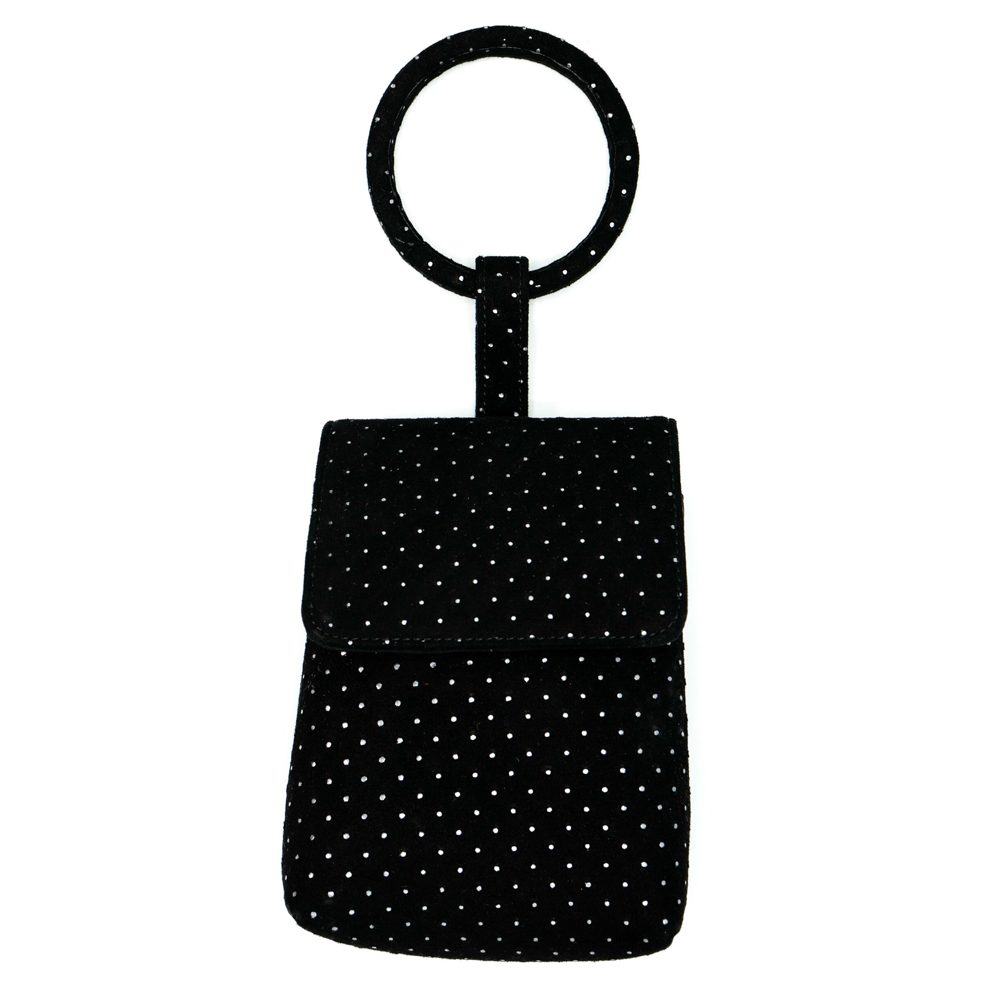 Full-grain studded Italian lamb suede belt, wristlet, cross-body, and clutch bag 
