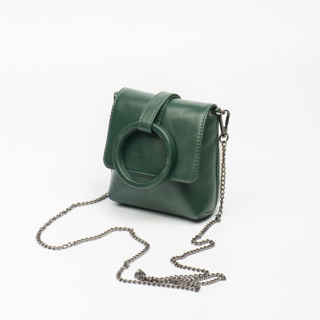 Full-grain smooth Italian lamb leather belt, wristlet, cross-body, and clutch bag in green.