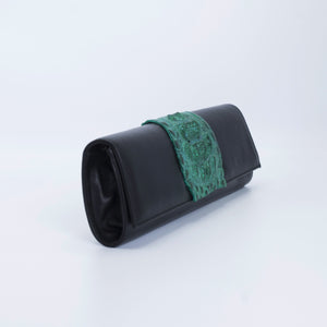 Green and black clutch. Kate Crocodile and leather clutch. Sexy curves, sleek lines, soft materials, with bold color pallet make this an unforgettable masterpiece. Free shipping.