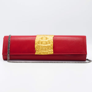 Gold and red clutch. Kate Crocodile and leather clutch. Sexy curves, sleek lines, soft materials, with bold color pallet make this an unforgettable masterpiece. Free shipping.