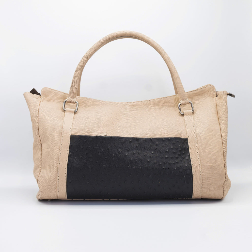 Blush and Black Leather bag, with genuine Ostrich external pocket. 