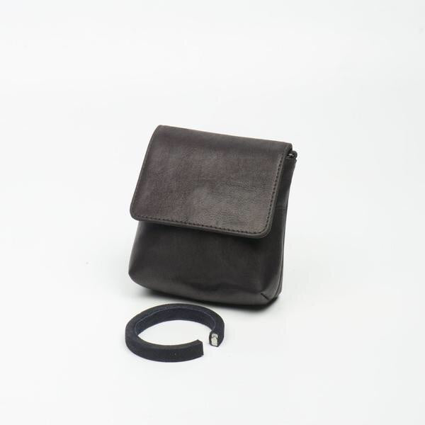 Full-grain smooth Italian lamb leather belt, wristlet, cross-body, and clutch bag in black.