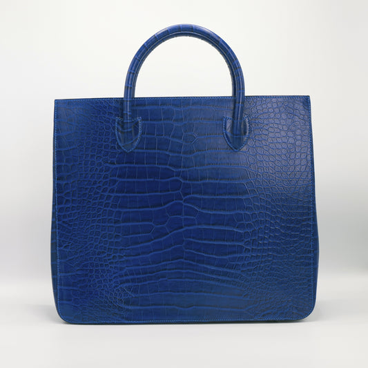 Blue crocodile embossed leather handbag, carryall, holdall for Huntington's Disease Society charity.