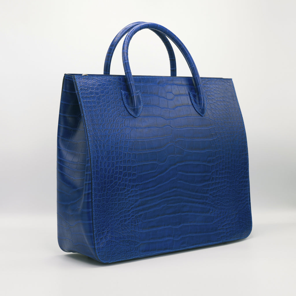 Blue crocodile embossed leather handbag, carryall, holdall for Huntington's Disease Society charity.