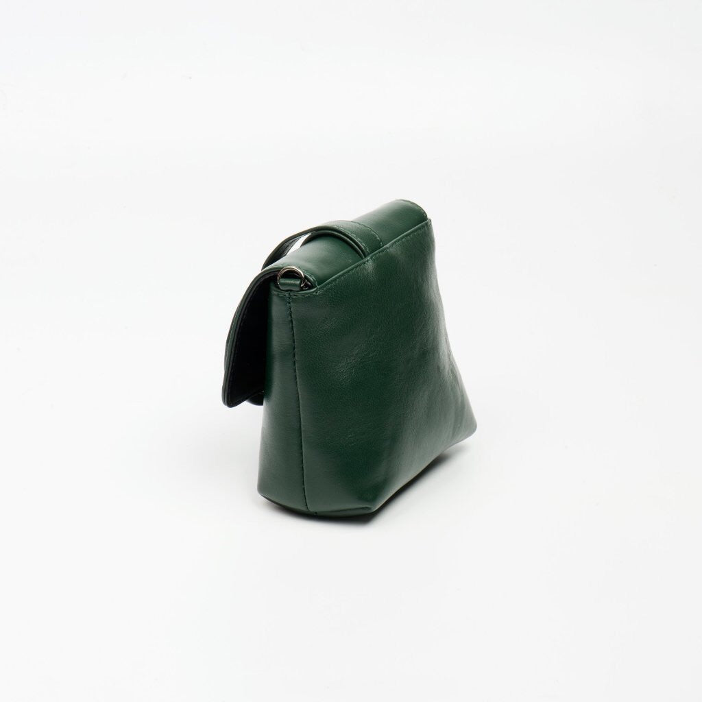 Full-grain smooth Italian lamb leather belt, wristlet, cross-body, and clutch bag in green.